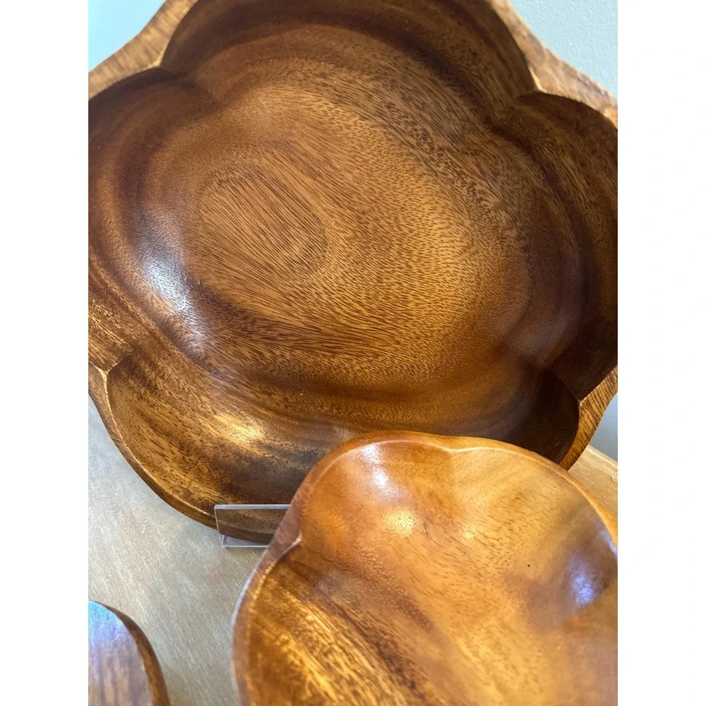 Vintage Monkey Pod 9 pc Salad Bowl Set -6 Bowls,2 Serving Pieces & Large Bowl